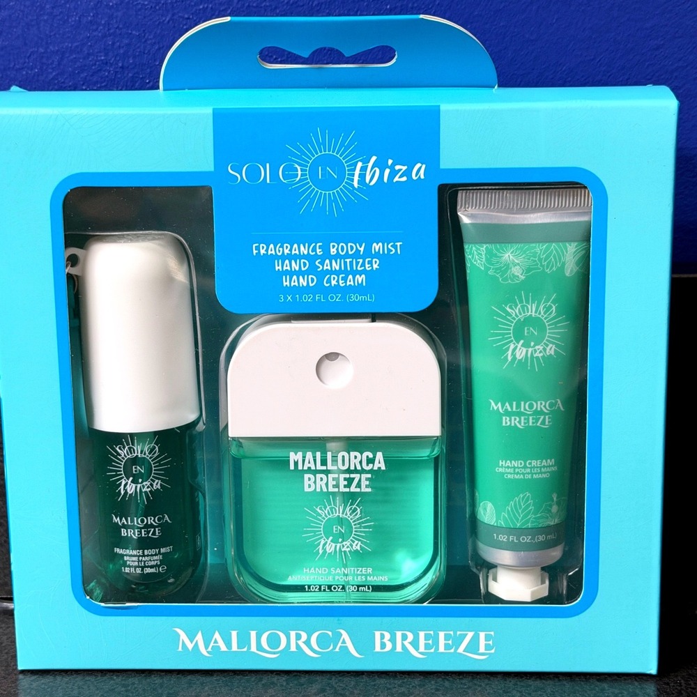 Solo en Ibiza Mallorca Breeze 3pc Gift Set Body Mist Sanitizer Cream NEW